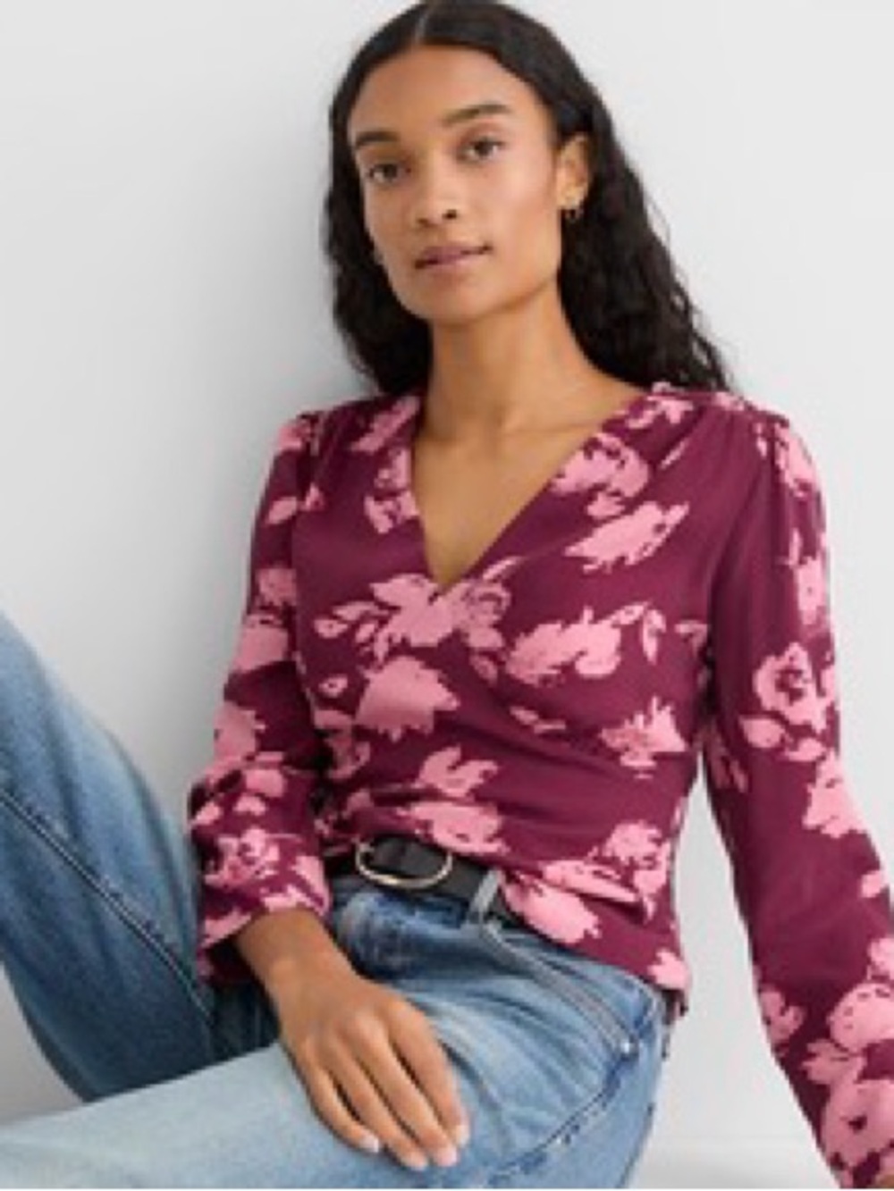 LOFT Plum Wrap Blouse with Pink Floral Print